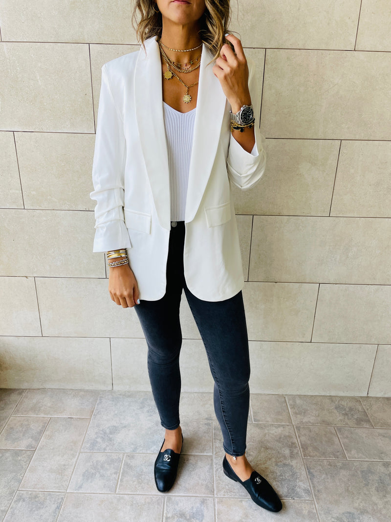 White Ruched Sleeve Blazer