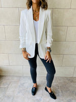 White Ruched Sleeve Blazer