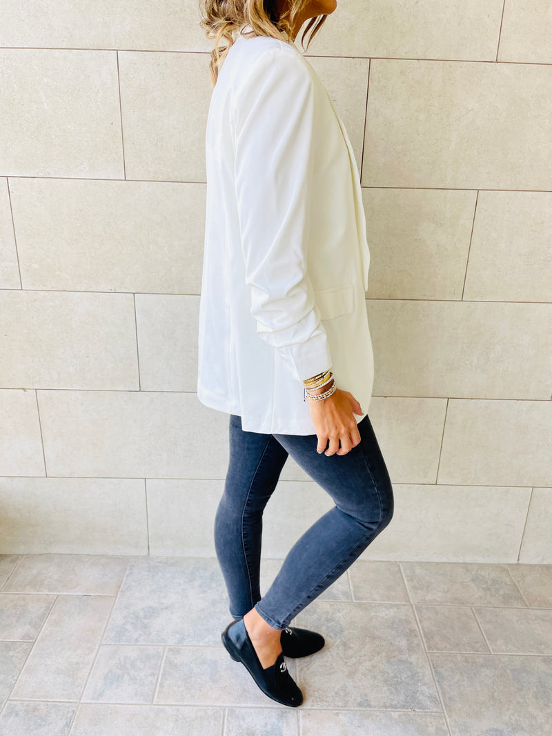 White Ruched Sleeve Blazer