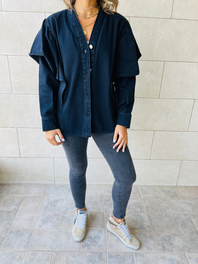 Black Ruffle Shoulder Denim Jacket