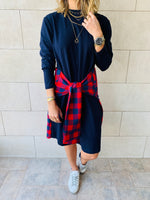 Navy Plaid Tie Waist Dress