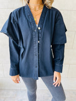 Black Ruffle Shoulder Denim Jacket