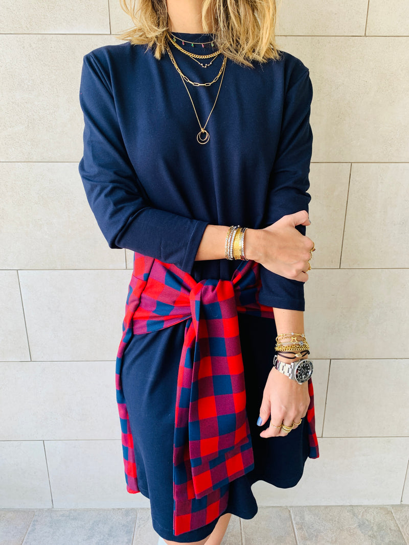 Navy Plaid Tie Waist Dress