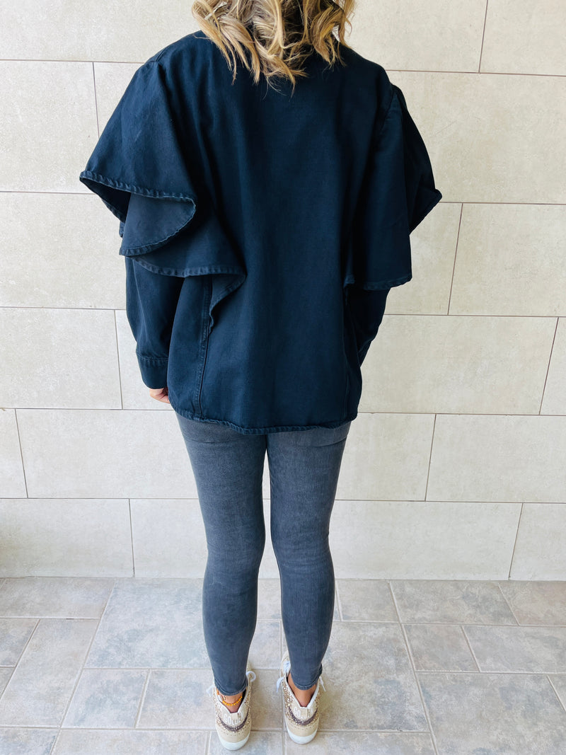 Black Ruffle Shoulder Denim Jacket