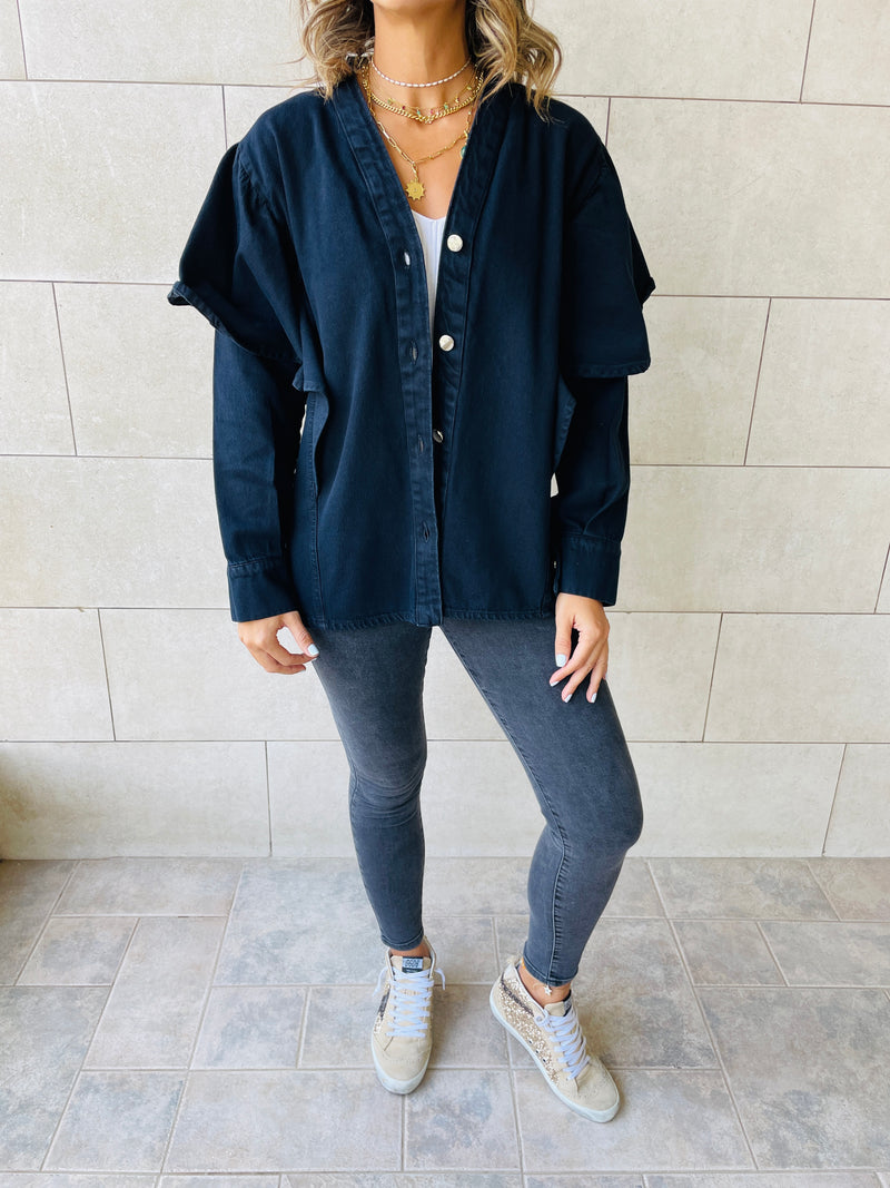 Black Ruffle Shoulder Denim Jacket
