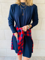 Navy Plaid Tie Waist Dress