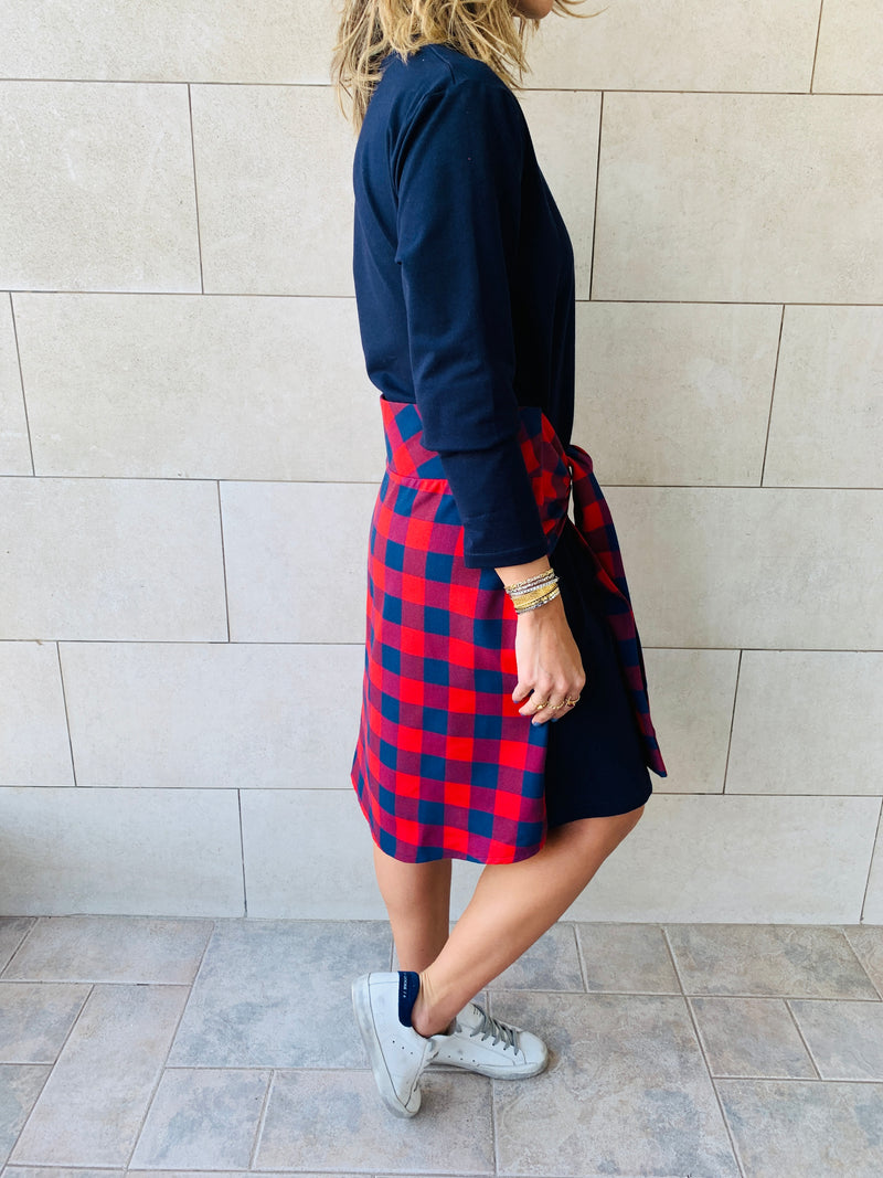 Navy Plaid Tie Waist Dress