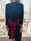 Navy Plaid Tie Waist Dress