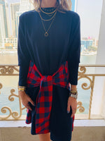 Navy Plaid Tie Waist Dress
