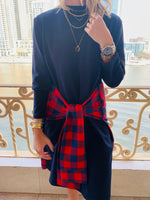 Navy Plaid Tie Waist Dress