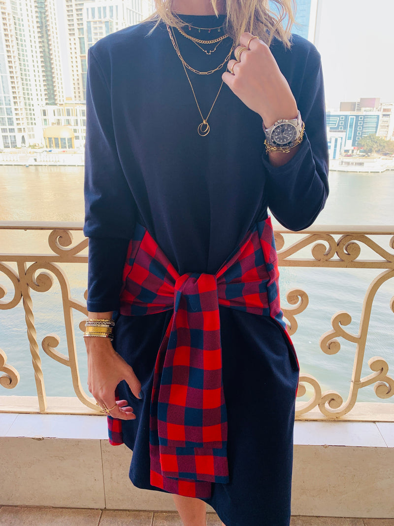 Navy Plaid Tie Waist Dress