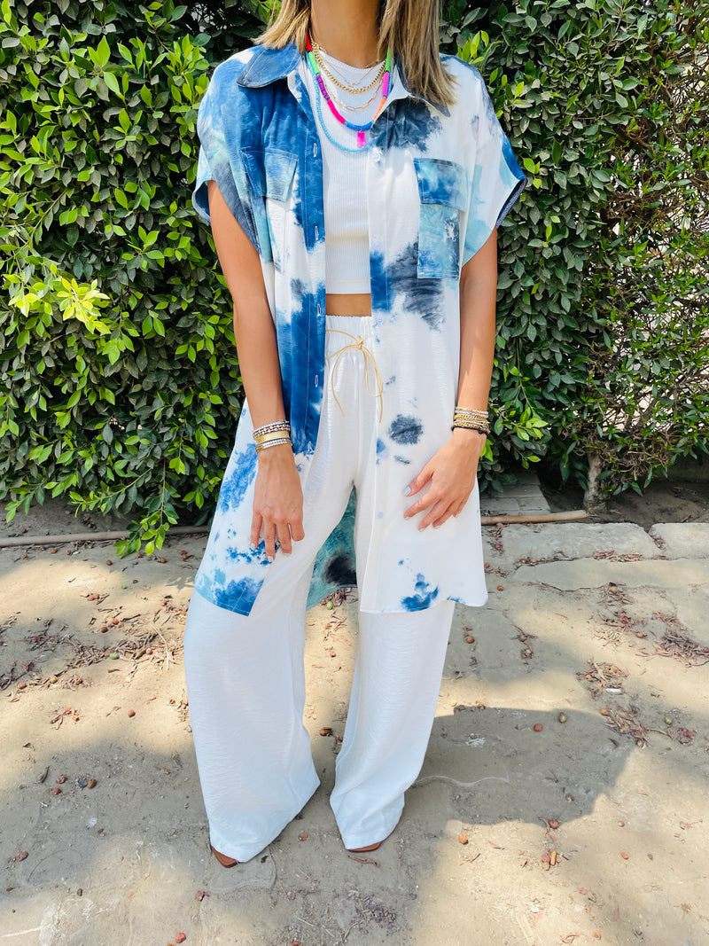 Sky Blue Longline Shirt Tie Dye Set