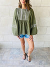 Olive Embroidery Puff Sleeve Top