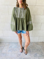 Olive Embroidery Puff Sleeve Top