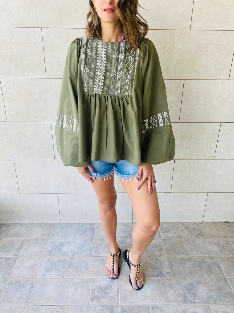 Olive Embroidery Puff Sleeve Top
