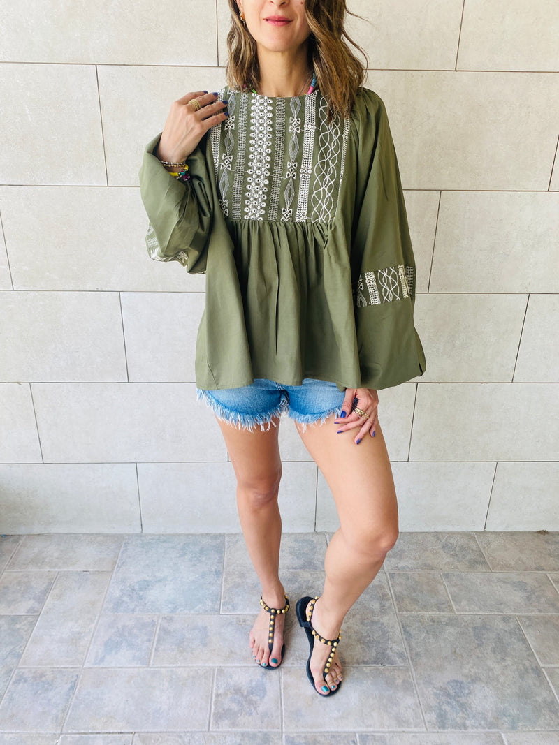Olive Embroidery Puff Sleeve Top