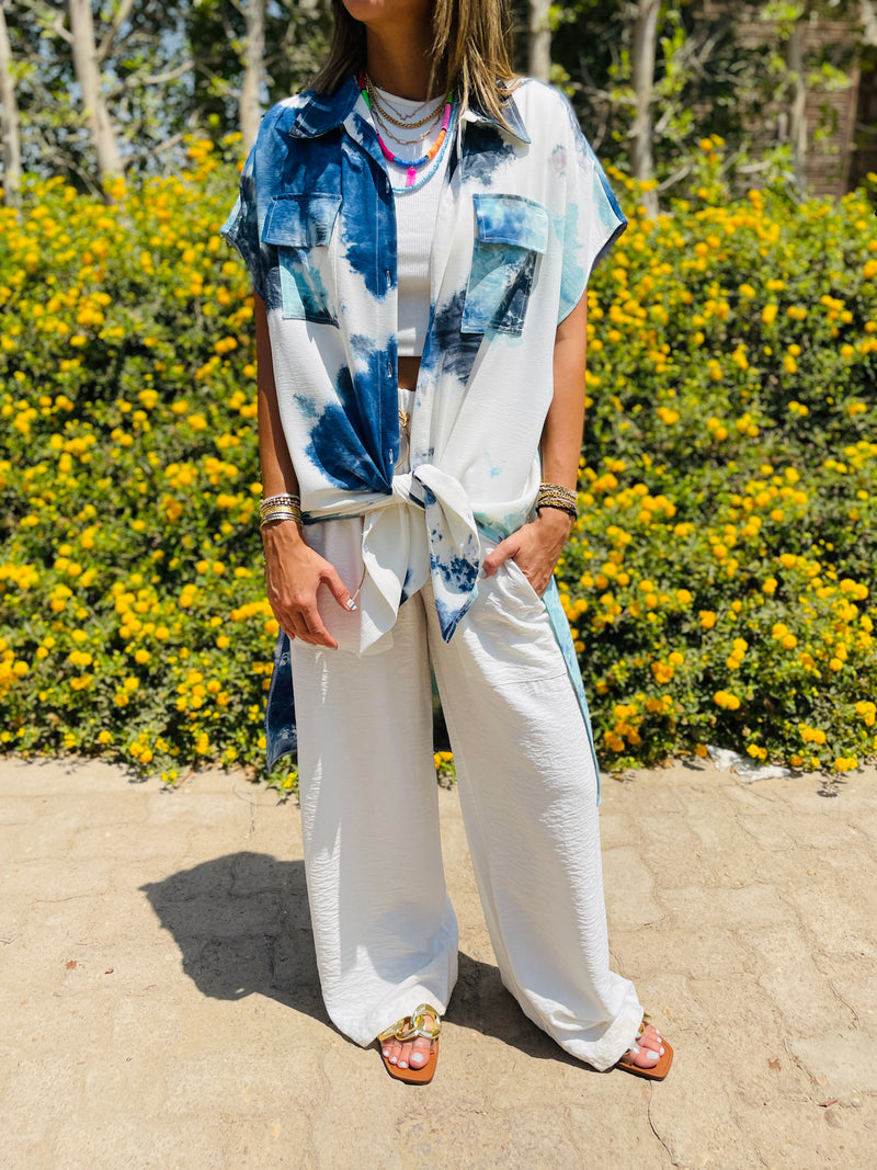 Sky Blue Longline Shirt Tie Dye Set