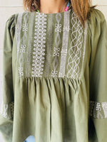 Olive Embroidery Puff Sleeve Top