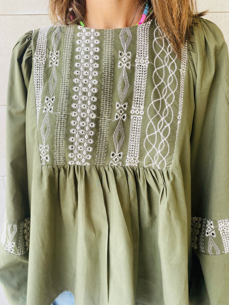 Olive Embroidery Puff Sleeve Top