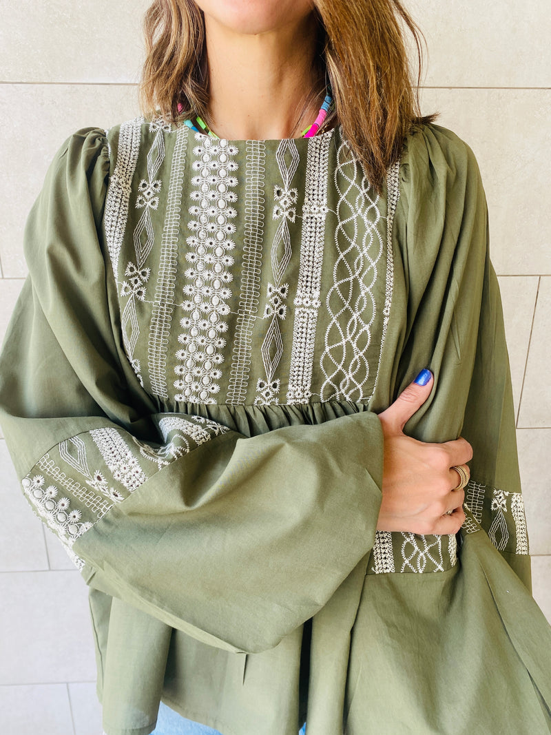 Olive Embroidery Puff Sleeve Top