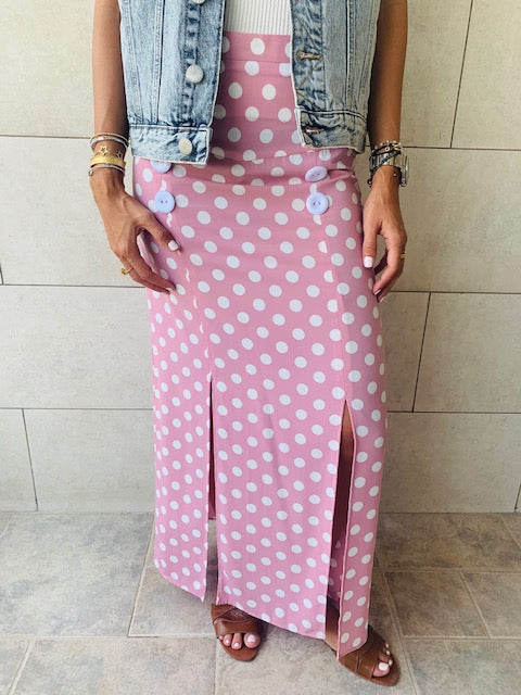 Pink Polka Button Skirt