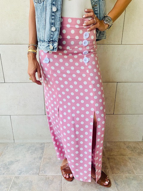 Pink Polka Button Skirt