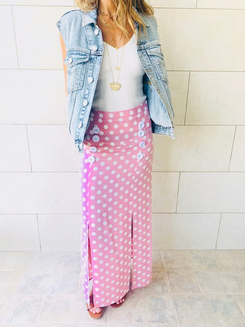Pink Polka Button Skirt