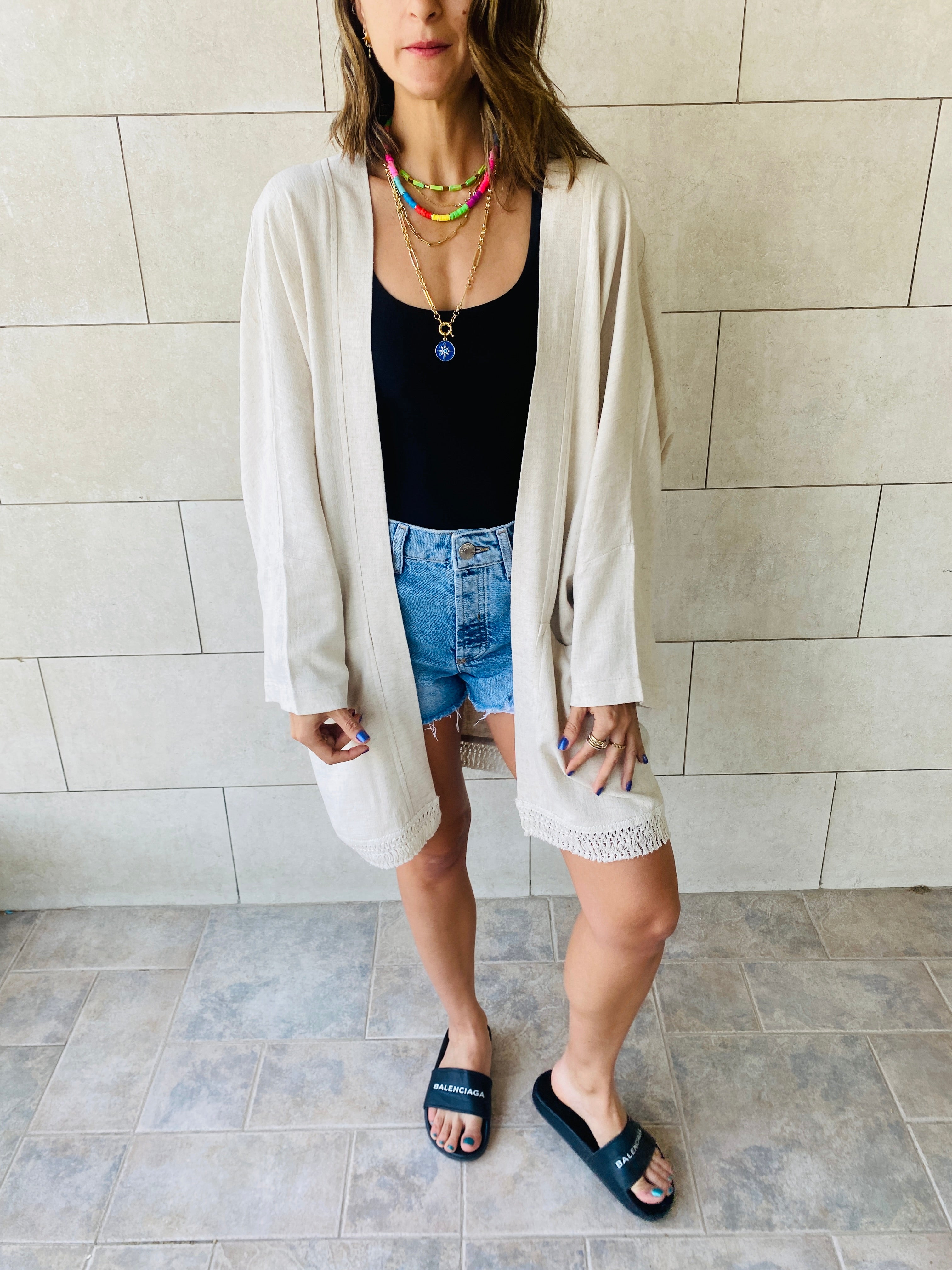 Beige Tassel Trim Kimono
