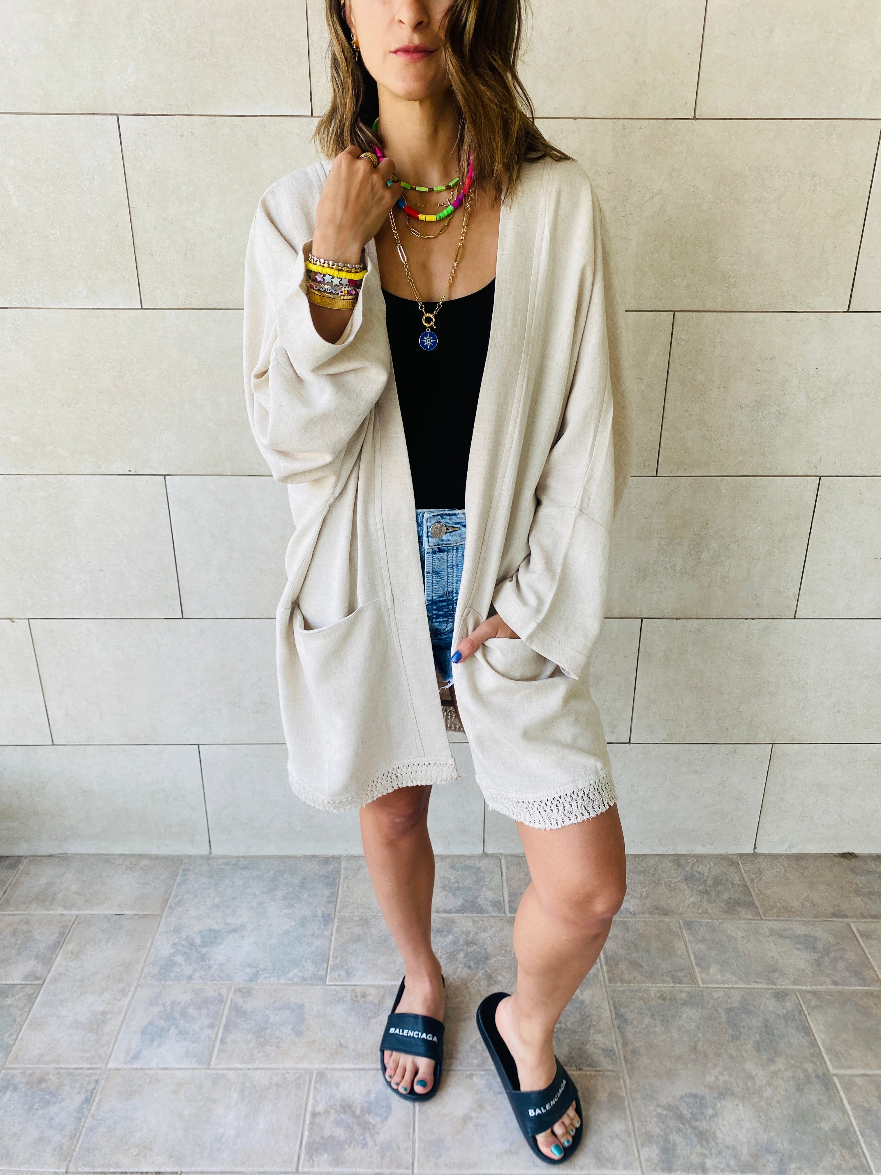 Beige Tassel Trim Kimono