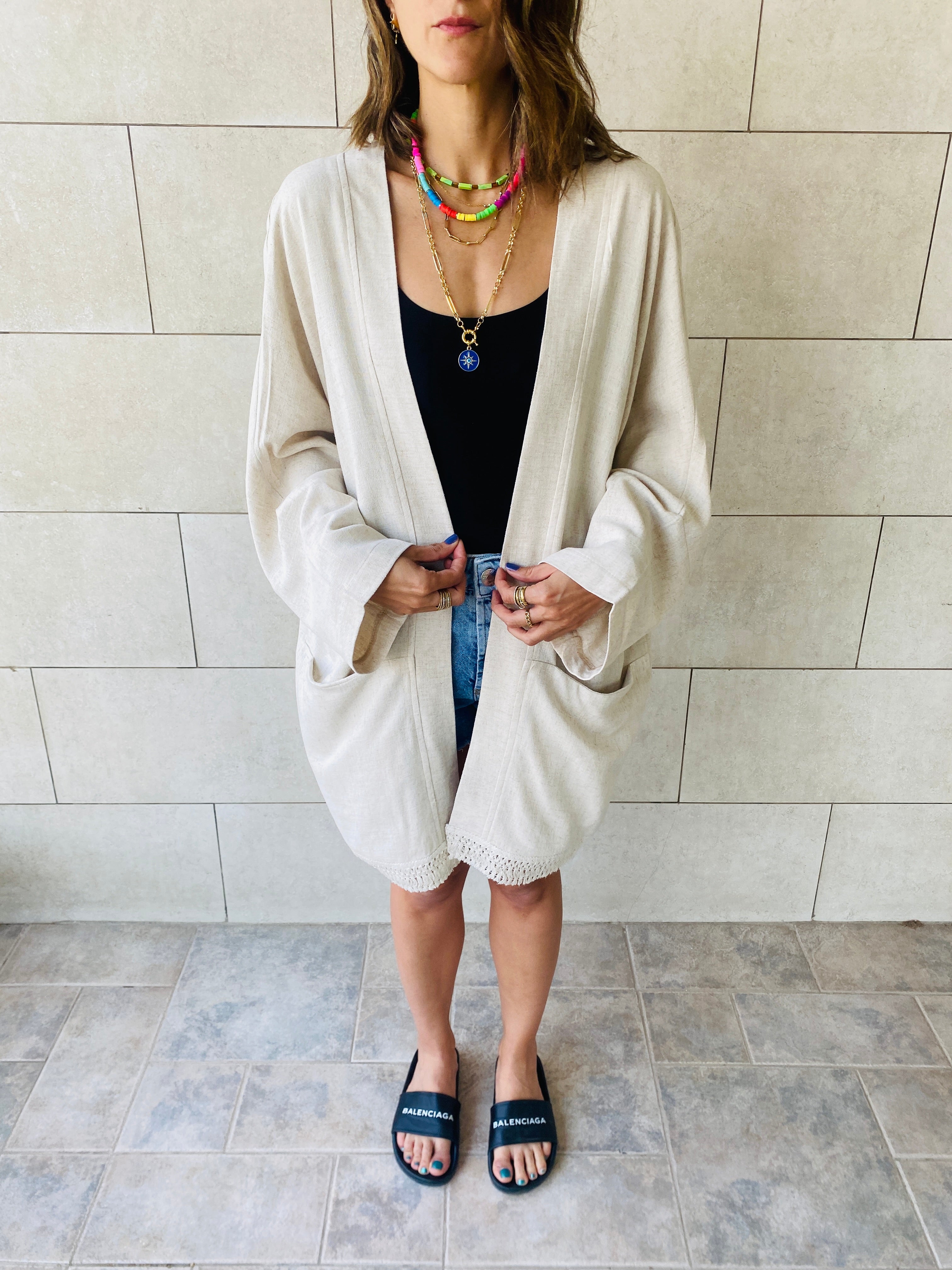 Beige Tassel Trim Kimono