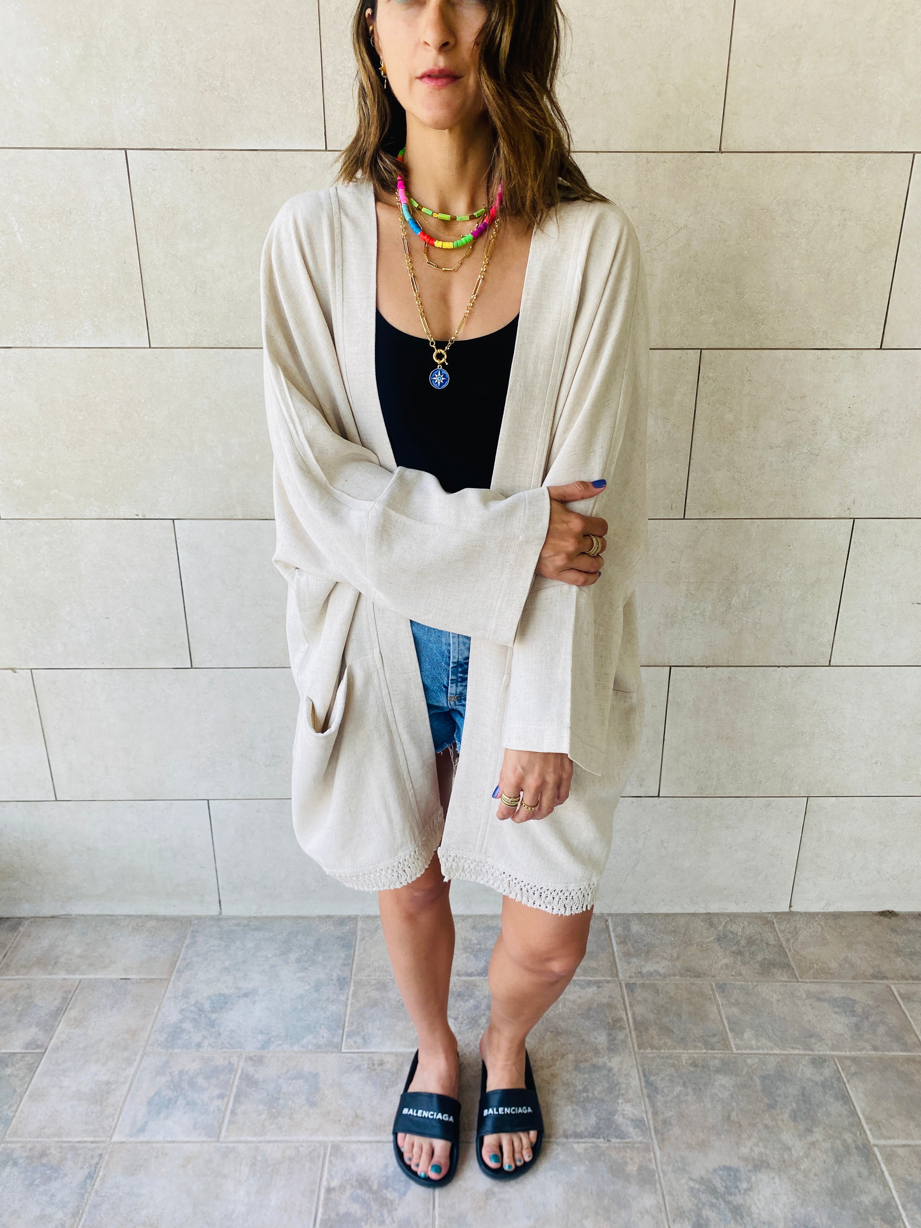 Beige Tassel Trim Kimono