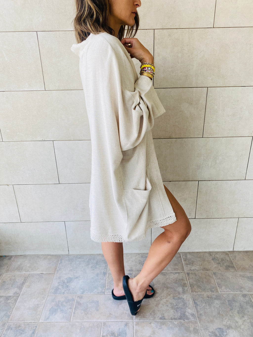 Beige Tassel Trim Kimono