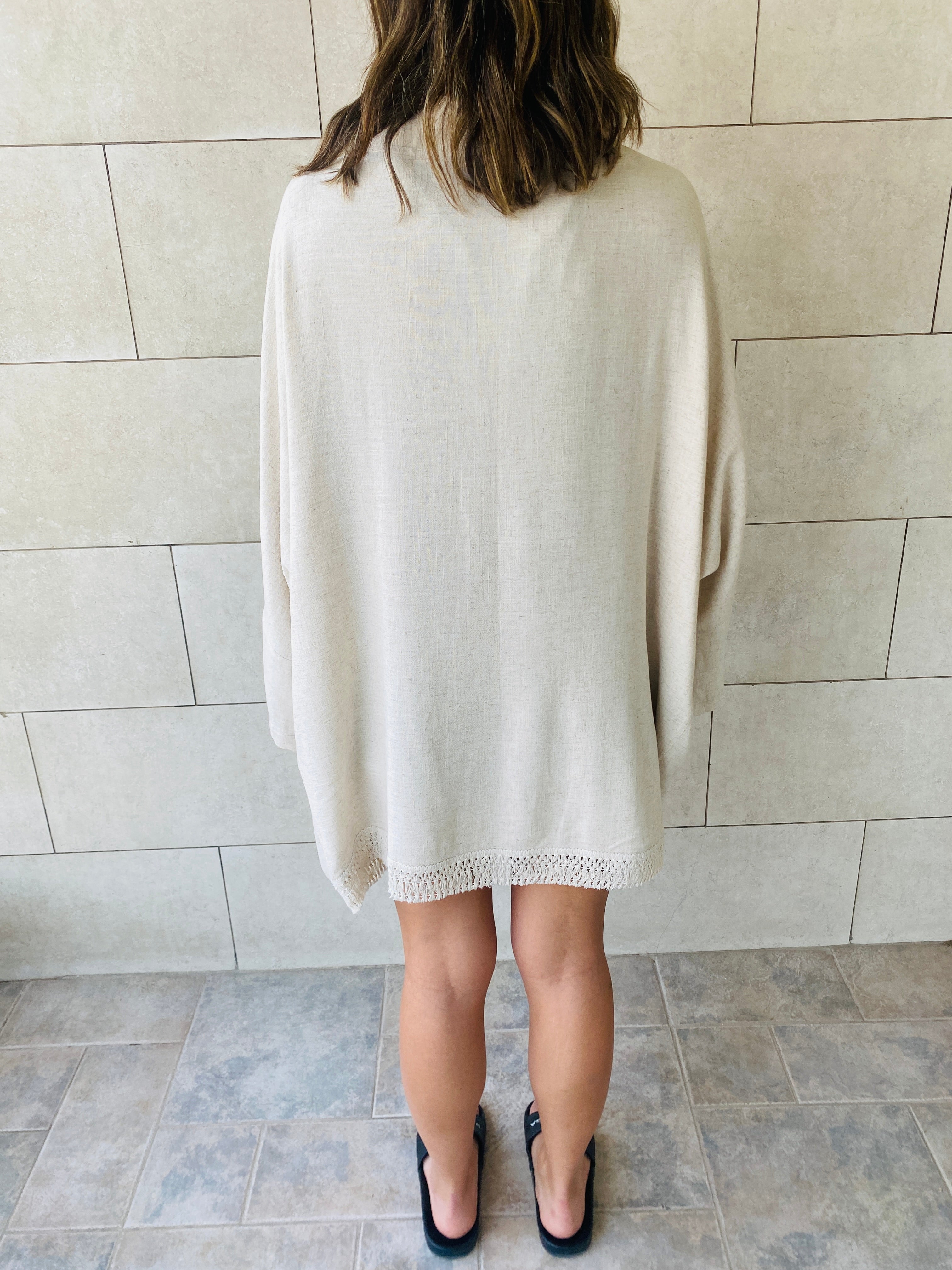 Beige Tassel Trim Kimono