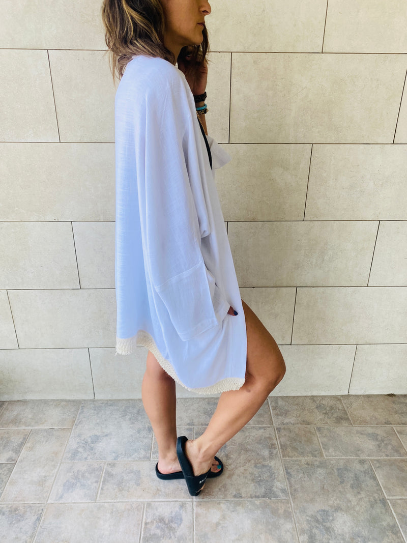 White Tassel Trim Kimono