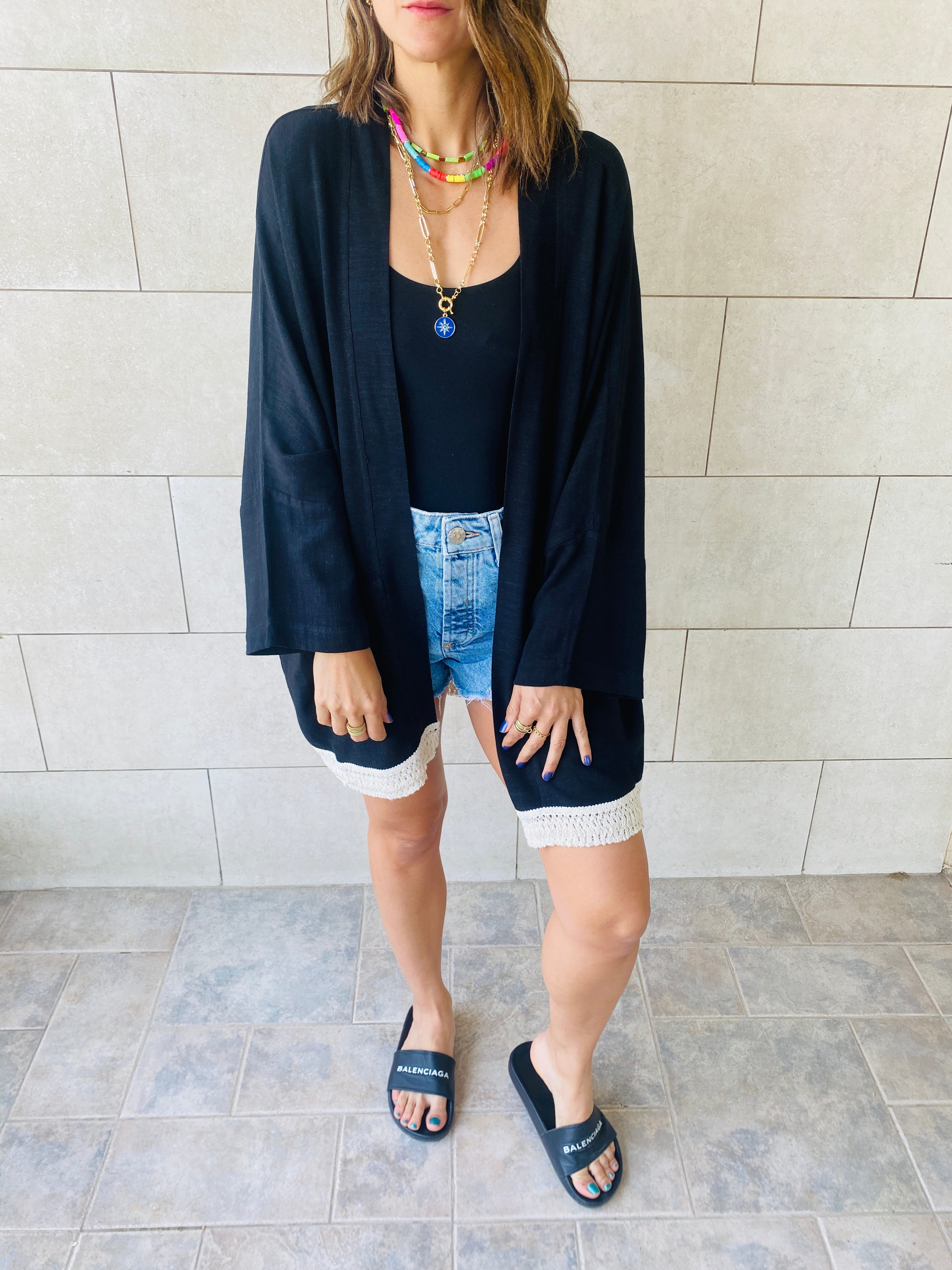 Black Tassel Trim Kimono