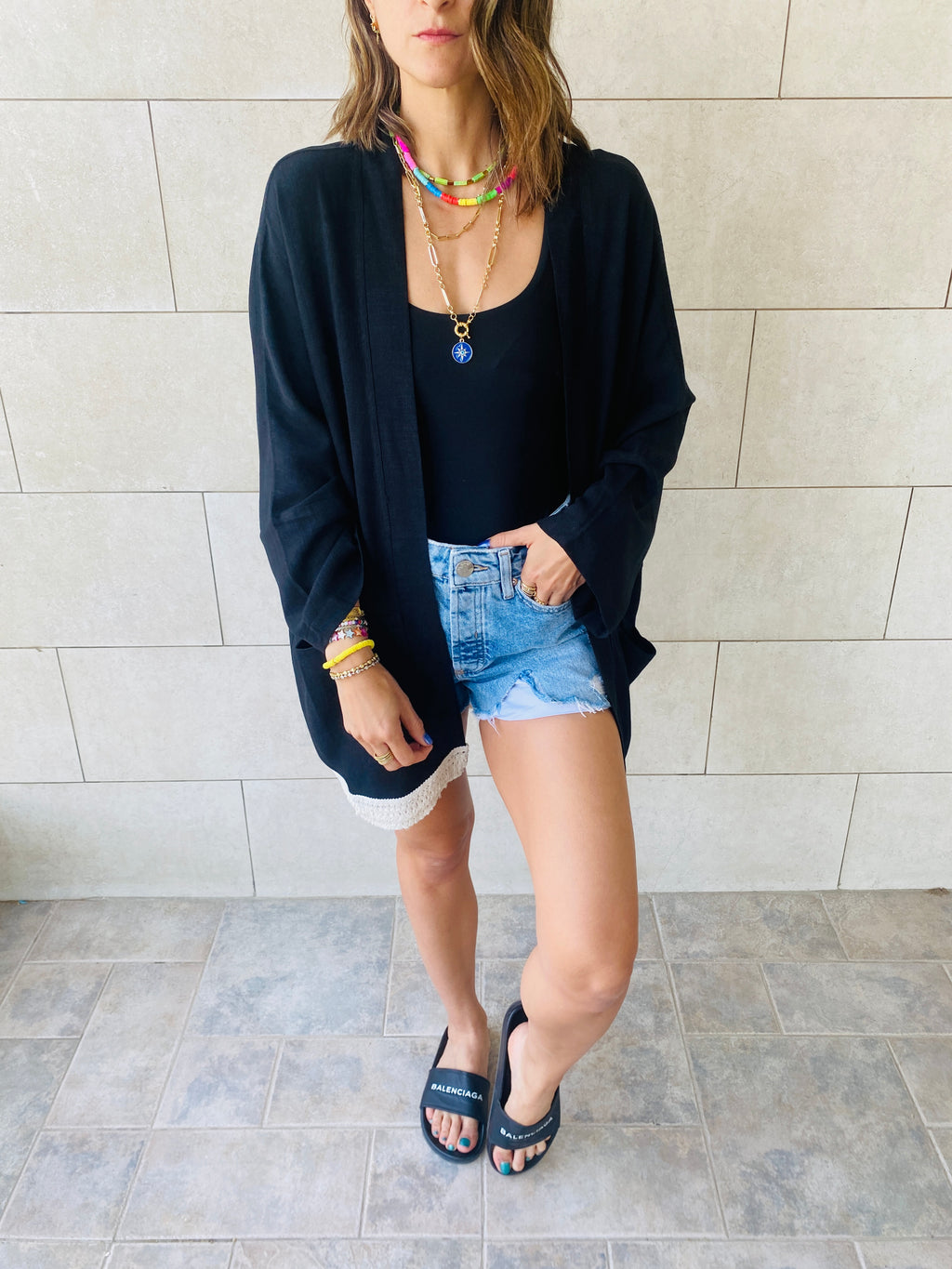 Black Tassel Trim Kimono