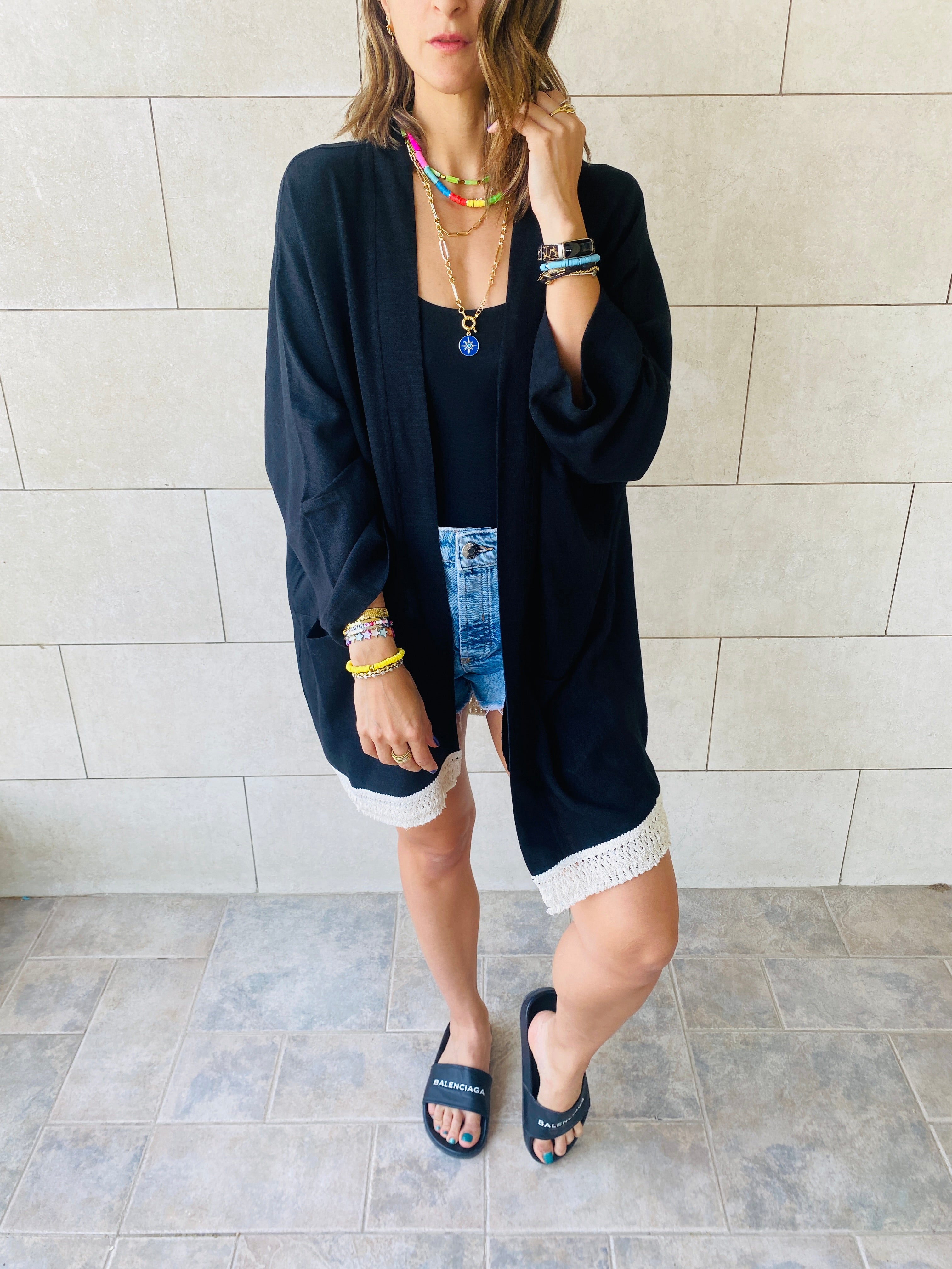 Black Tassel Trim Kimono