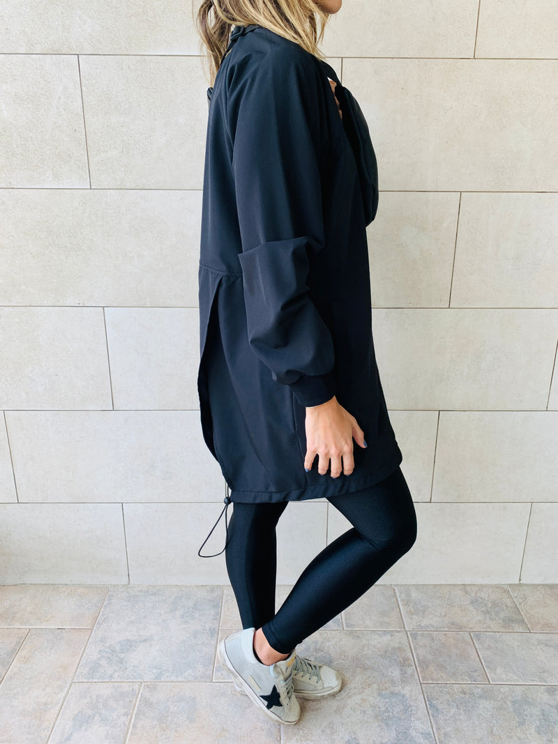 Black Longline Waterproof Windbreaker