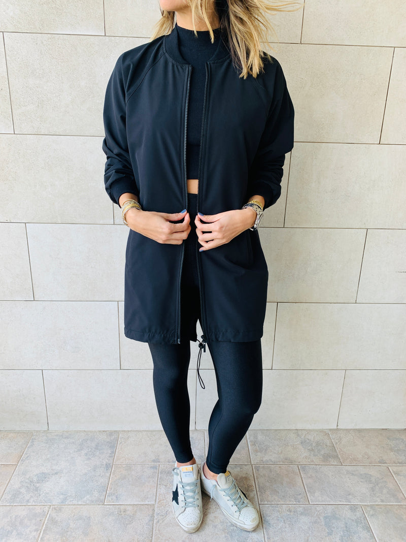 Black Longline Waterproof Windbreaker