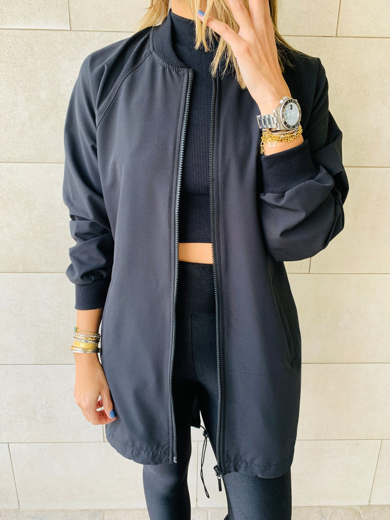 Black Longline Waterproof Windbreaker