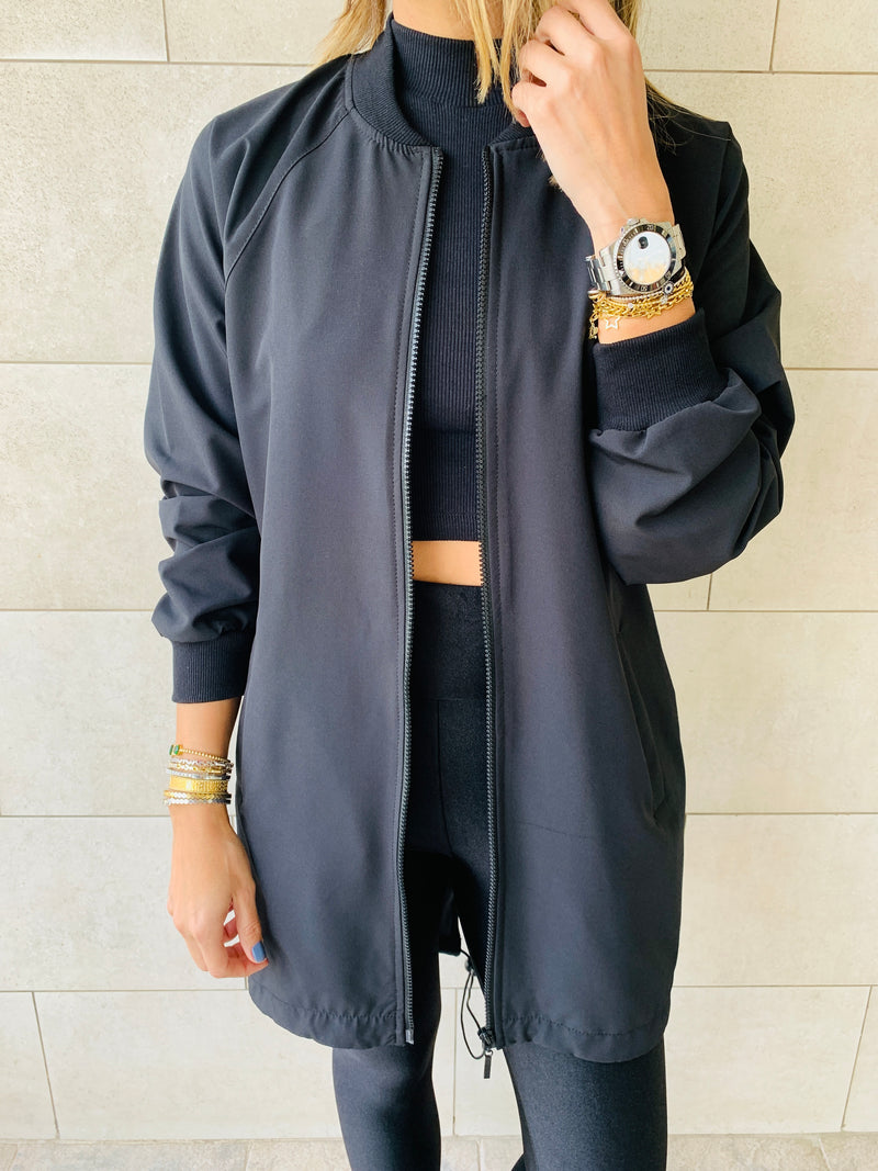 Black Longline Waterproof Windbreaker