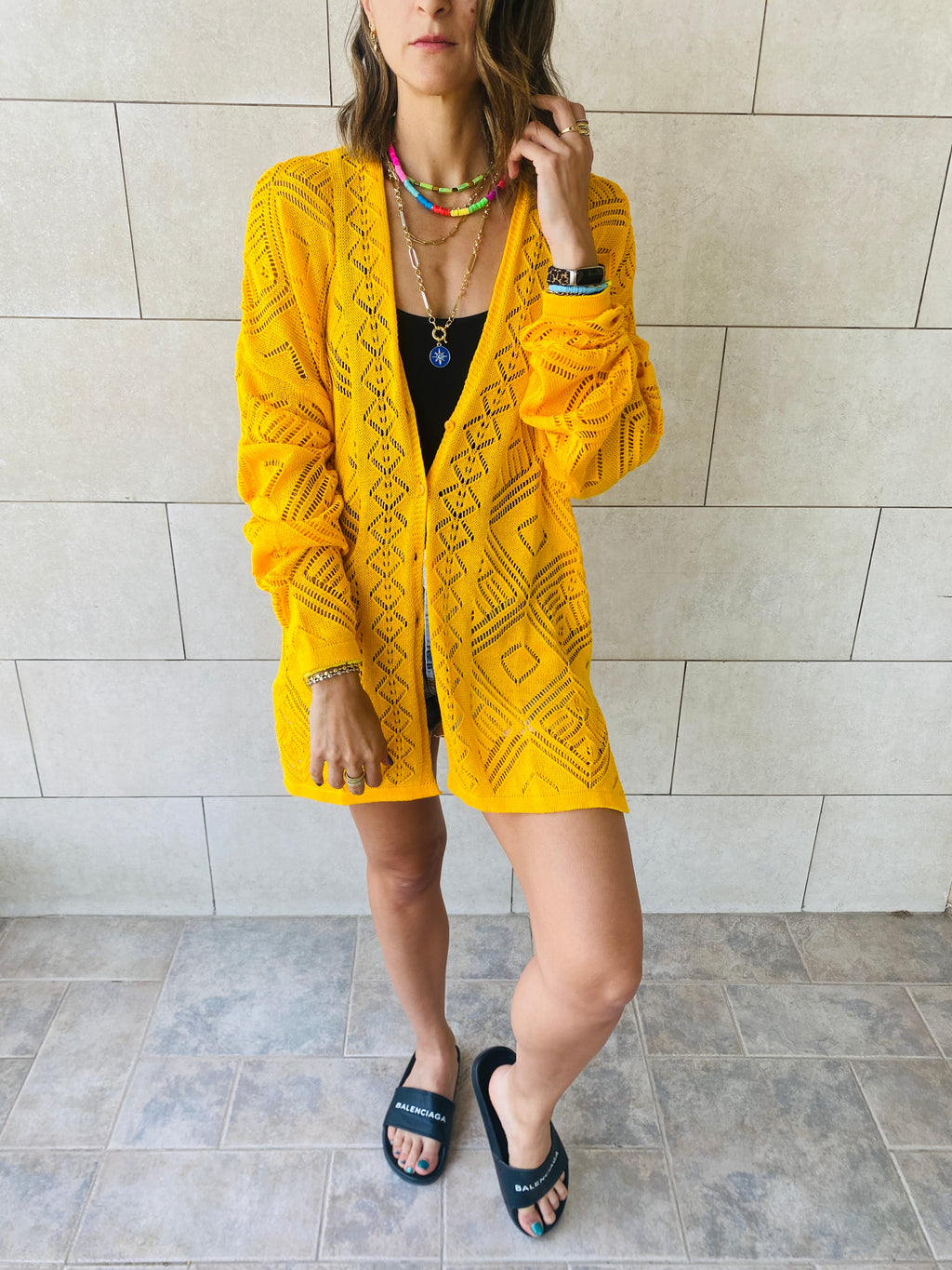 Yellow Pattern Cut Out Cardigan