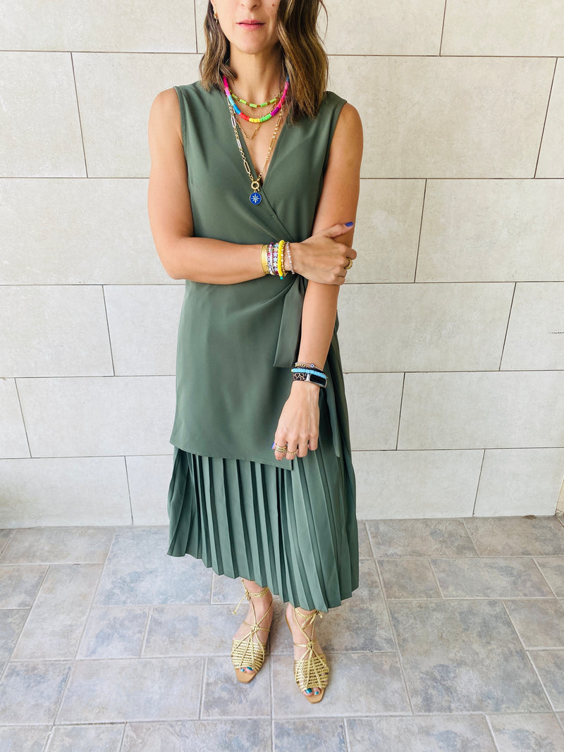 Olive Wrap Plisse Dress