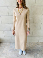 Beige Long Sleeve Ribbed Dress