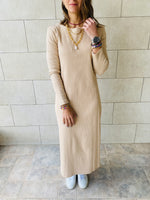 Beige Long Sleeve Ribbed Dress