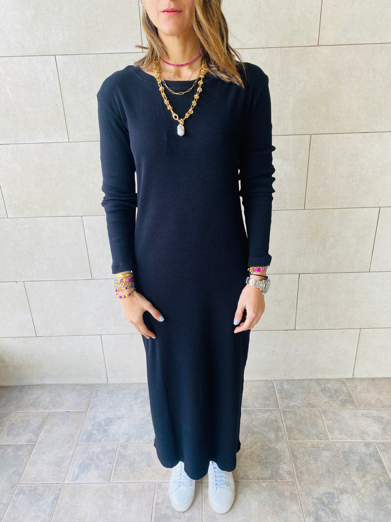 Black Long Sleeve Ribbed Dress