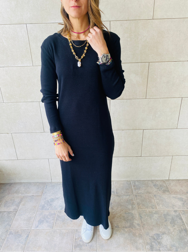 Black Long Sleeve Ribbed Dress