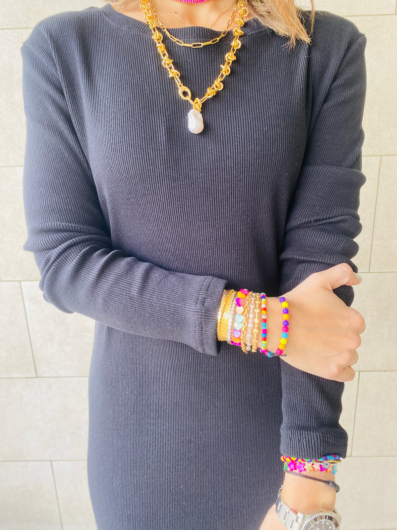 Black Long Sleeve Ribbed Dress