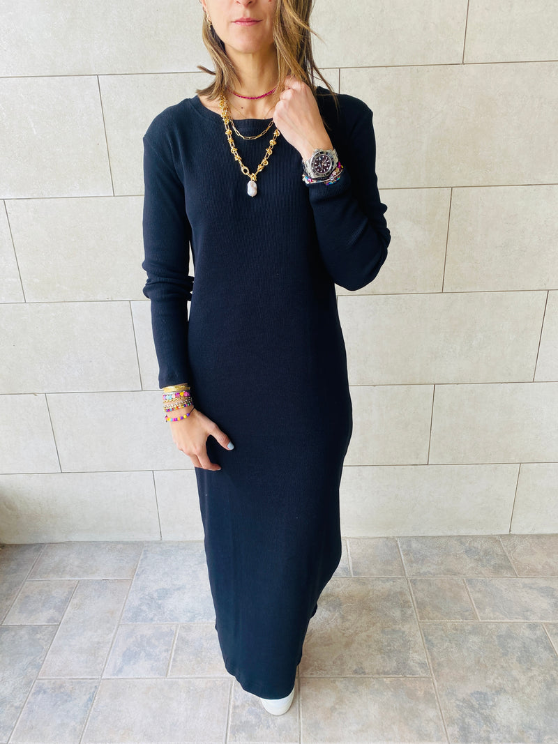 Black Long Sleeve Ribbed Dress