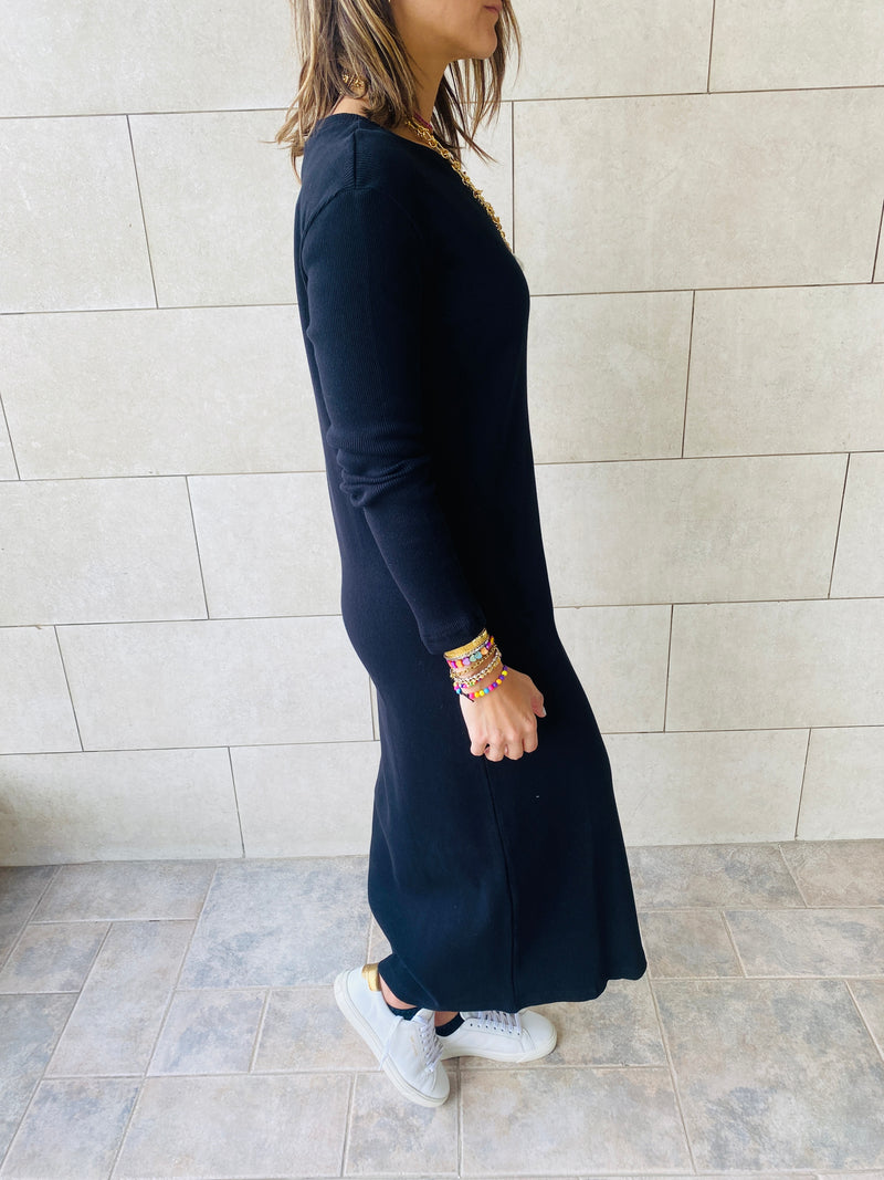 Black Long Sleeve Ribbed Dress